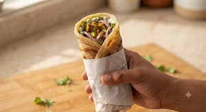 Shami Kabab Paratha Roll ko tight roll karke uske nichlay hissay ko butter paper mein lapeta ja raha hai.
