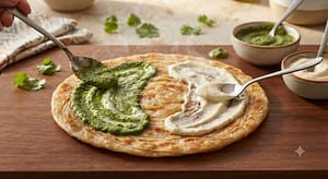Shami Kabsb Paratha Roll Garam par green chutney aur mayonnaise ki layer lagai ja rahi hai.