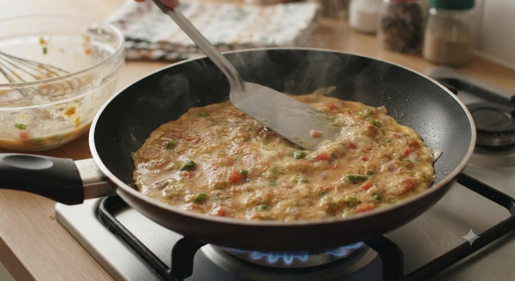 Pouring egg mixture into the pan for masala omelette