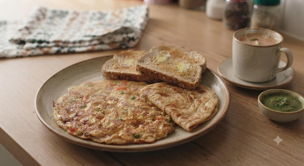 Garma-garam Masala Omelette served with tea and paratha