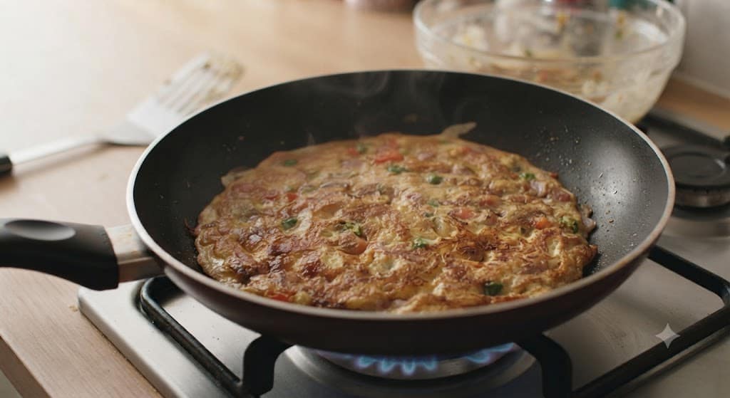 Cooking masala omelette until golden brown in a pan