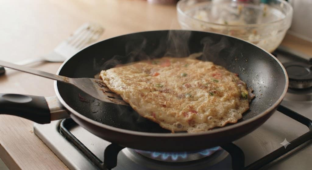 Flipping the masala omelette in the pan
