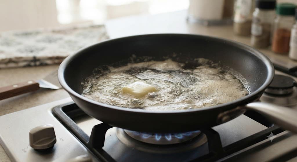 Non-stick pan heating oil or butter for masala omelette