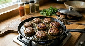 Kache Keema ki Tikki recipe: Frying the Galouti Kebabs on a pan until golden brown and cooked through."