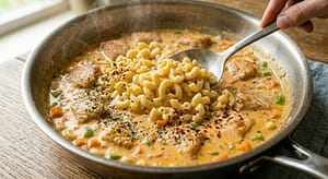 Creamy Chicken Macaroni recipe: mixing pasta with sauce and adding oregano and chili flakes."
