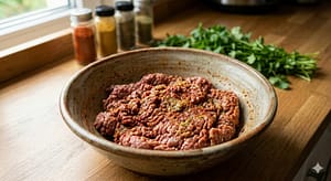 Kache Keema ki Tikki recipe: Marination process of minced meat with raw papaya paste for soft Galouti Kebab."