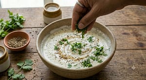 Garnishing homemade Zeera Raita with fresh coriander leaves."