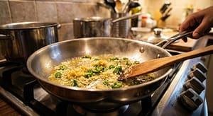 Sautéing fresh ginger-garlic paste and green chilies in hot oil in a pan to create an aromatic base for Chicken Manchurian gravy."