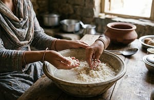 "Special Shahi Kheer Recipe ke liye chawal ko hath se crush karte hue"