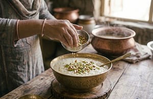 "Special Shahi Kheer Recipe ke akhir mein badam aur pista shamil karte hue"