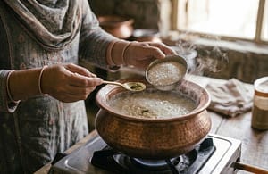 Special Shahi Kheer Recipe ke liye dhoodh aur chawal ko halki aanch par pakate hue"
