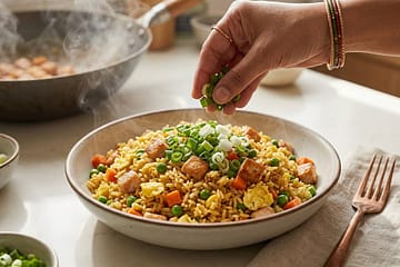 A bowl of delicious Western-style Chicken Fried Rice topped with fresh spring onions."