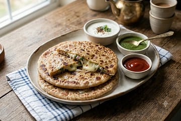 Deliious Cheese-paratha-recipe served on a plate beautifully plated Cheese paratha recipe served on a ceramic plate, accompanied by small bowls of yogurt, green chutney, and tomato ketchup on a rustic wooden table."