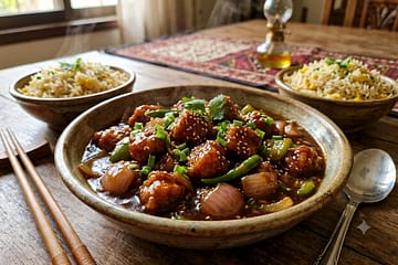 A bowl of restaurant-style Chicken Manchurian Recipe served with a side of egg fried rice, garnished with fresh spring onions and sesame seeds."