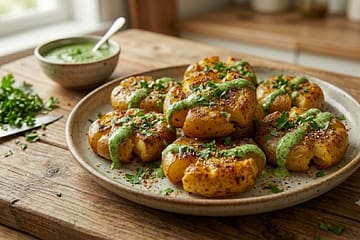 Crispy Desi Masala Smashed Potatoes served with green chutney and coriander"