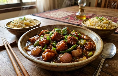 A bowl of restaurant-style Chicken Manchurian Recipe served with a side of egg fried rice, garnished with fresh spring onions and sesame seeds."