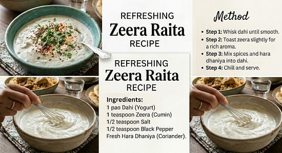 Recipe card for Refreshing Zeera Raita showing ingredients and step-by-step instructions."